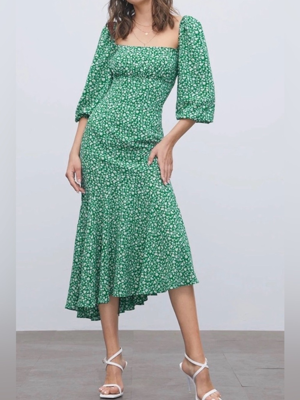 Commense Green Floral Square Neck Dress Size Medium NWT